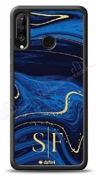 Dafoni Glossy Huawei P30 Lite Kişiye Özel Çift Harf Simli Lacivert Mermer Kılıf - Dafoni