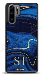 Dafoni Glossy Huawei P30 Pro Kişiye Özel Çift Harf Simli Lacivert Mermer Kılıf - Dafoni