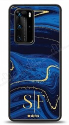 Dafoni Glossy Huawei P40 Kişiye Özel Çift Harf Simli Lacivert Mermer Kılıf - Dafoni