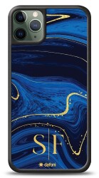 Dafoni Glossy iPhone 11 Pro Max Kişiye Özel Çift Harf Simli Lacivert Mermer Kılıf - Dafoni