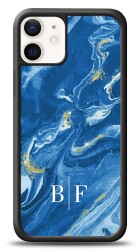 Dafoni Glossy iPhone 12 Mini 5.4 inç Kişiye Özel İki Harf Simli Mavi Mermer Kılıf - Dafoni
