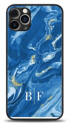 Dafoni Glossy iPhone 12 Pro 6.1 inç Kişiye Özel İki Harf Simli Mavi Mermer Kılıf - Dafoni
