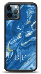 Dafoni Glossy iPhone 12 Pro Max 6.7 inç Kişiye Özel İki Harf Simli Mavi Mermer Kılıf - Dafoni