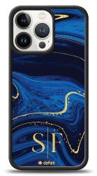 Dafoni Glossy iPhone 13 Pro Kişiye Özel Çift Harf Simli Lacivert Mermer Kılıf - Dafoni