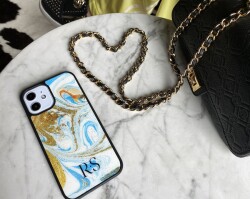 Dafoni Glossy iPhone 14 Kişiye Özel Harfli Simli Gold Mermer Kılıf - 4