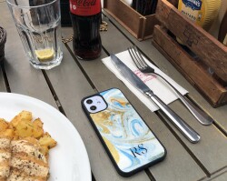 Dafoni Glossy iPhone 15 Kişiye Özel Harfli Simli Gold Mermer Kılıf - 6