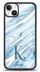 Dafoni Glossy iPhone 15 Plus Kişiye Özel Harf Simli Mavi Mermer Kılıf - Dafoni