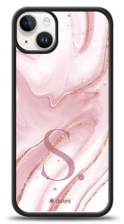 Dafoni Glossy iPhone 15 Plus Kişiye Özel Harf Simli Pembe Mermer Kılıf - Dafoni