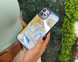 Dafoni Glossy iPhone 15 Plus Kişiye Özel Harfli Simli Gold Mermer Kılıf - 4