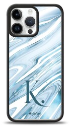 Dafoni Glossy iPhone 15 Pro Max Kişiye Özel Harf Simli Mavi Mermer Kılıf - Dafoni