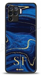 Dafoni Glossy Oppo Reno5 Lite Kişiye Özel Çift Harf Simli Lacivert Mermer Kılıf - Dafoni