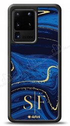 Dafoni Glossy Samsung Galaxy S20 Ultra Kişiye Özel Çift Harf Simli Lacivert Mermer Kılıf - Dafoni