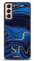 Dafoni Glossy Samsung Galaxy S21 Kişiye Özel Çift Harf Simli Lacivert Mermer Kılıf - Dafoni