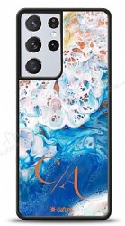 Dafoni Glossy Samsung Galaxy S21 Ultra Kişiye Özel Çift Harf Simli Okyanus Mermer Kılıf - Dafoni