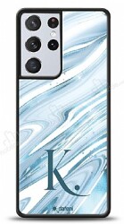 Dafoni Glossy Samsung Galaxy S21 Ultra Kişiye Özel Harf Simli Mavi Mermer Kılıf - Dafoni