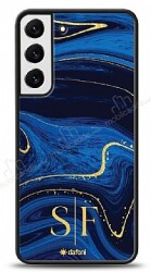 Dafoni Glossy Samsung Galaxy S22 Plus 5G Kişiye Özel Çift Harf Simli Lacivert Mermer Kılıf - Dafoni