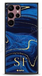 Dafoni Glossy Samsung Galaxy S22 Ultra 5G Kişiye Özel Çift Harf Simli Lacivert Mermer Kılıf - Dafoni