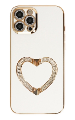 Eiroo Crystal Serisi iPhone 12 Pro Max Kalpli Gold Taşlı Tutuculu Beyaz Silikon Kılıf - Eiroo