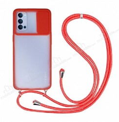 Eiroo Lens Series Oppo Reno4 Kırmızı Askılı Rubber Kılıf - Eiroo