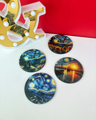 Van Gogh Ahşap Bardak Altlığı 4lü Set - Eiroo